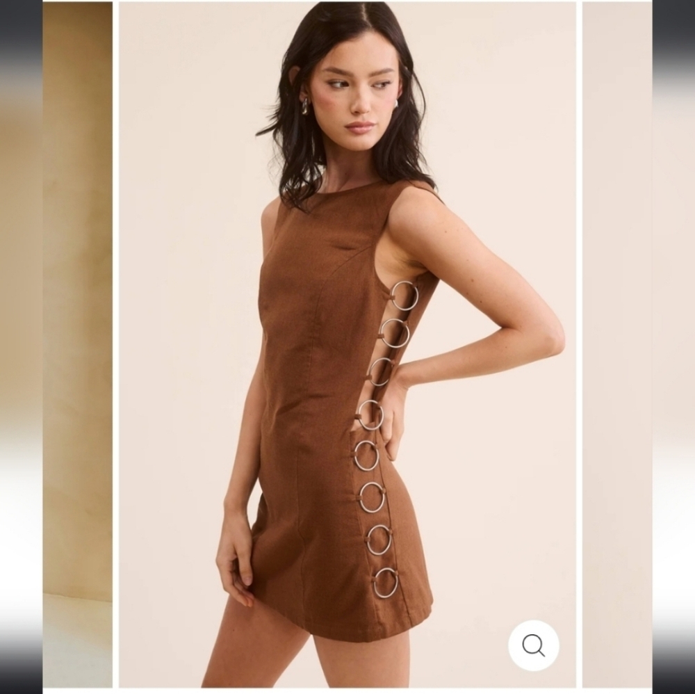 Brown Sleeveless Mini Dress with Met Side Ring Detail - Picture 2 of 5
